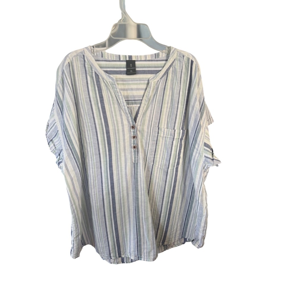 Free Country Womens XL Blue Green Striped‎ Cotton Linen Short Sleeve Blouse Top